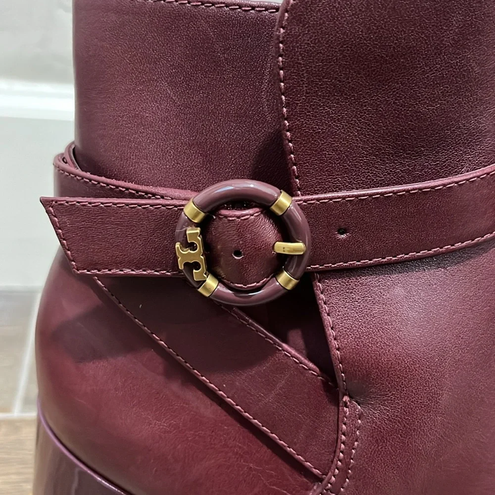 NEW Tory Burch Multi Logo Buckle Leather Heeled Boot in Claret Size 9.5